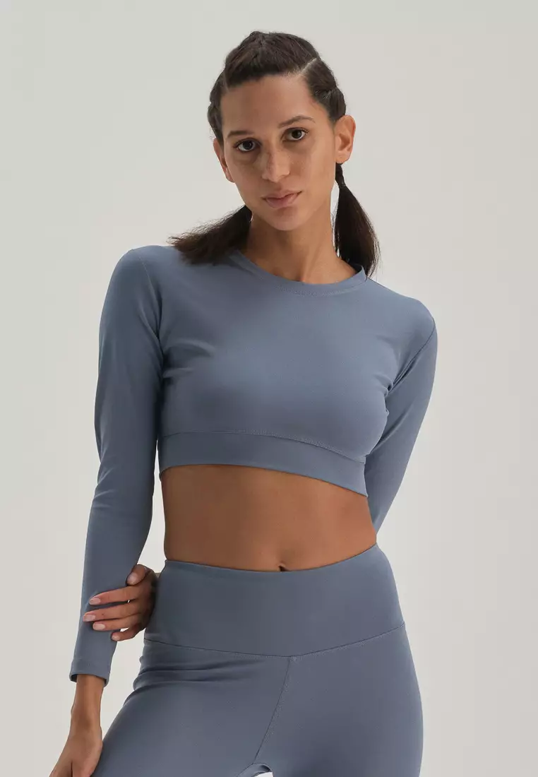 Blue T-Shirt, Crew Neck, Long Sleeve Activewear for Women