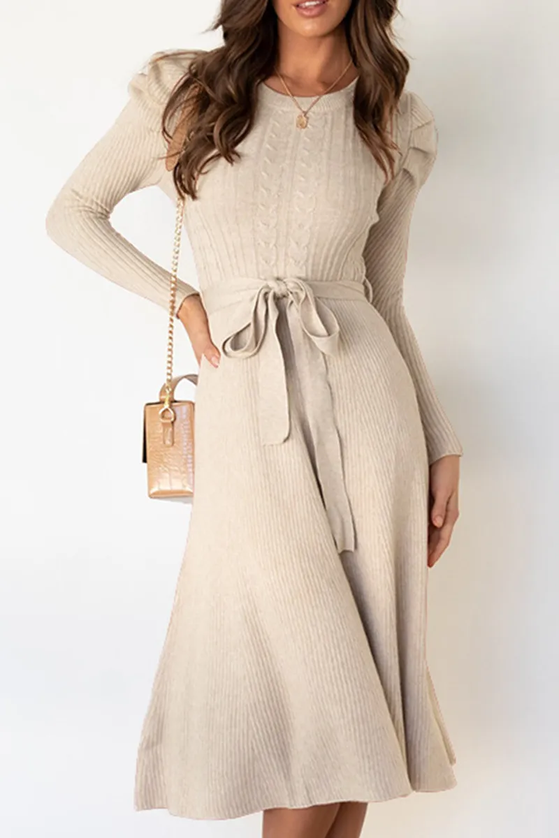 Elegant Solid With Belt O Neck Sweater Dresses(5 Colors)