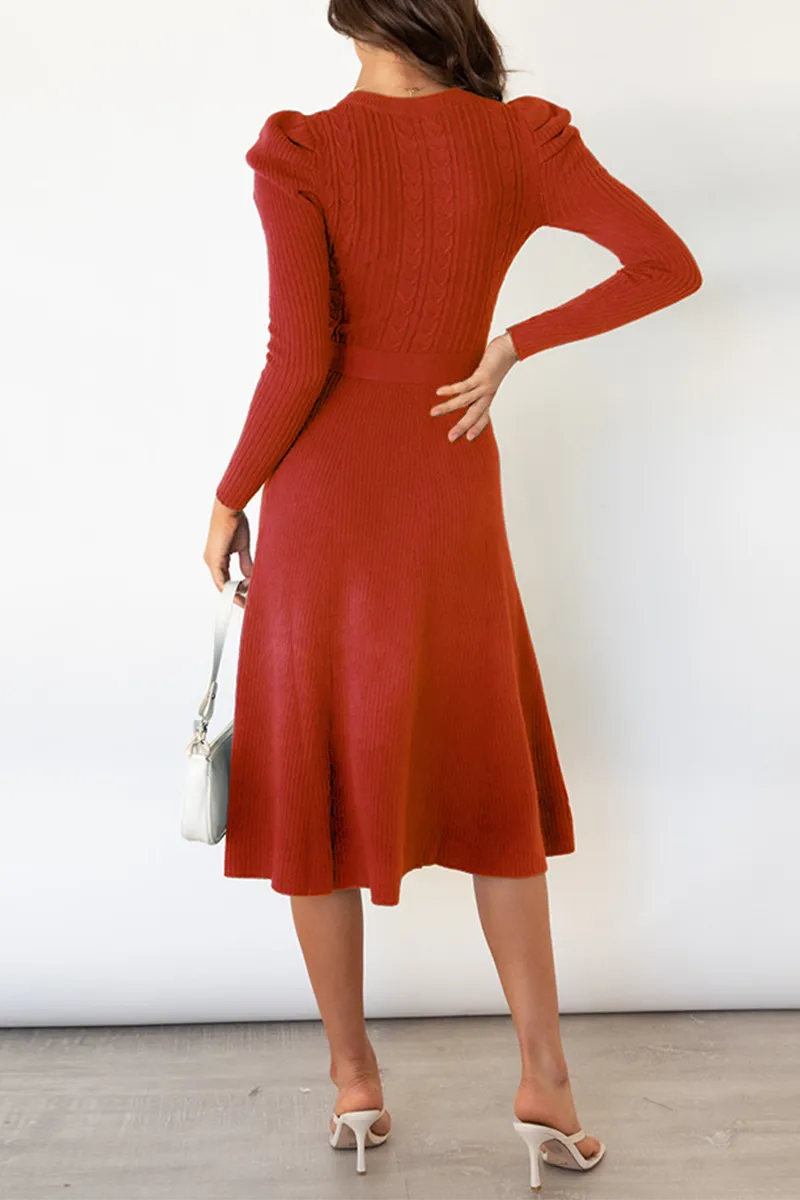 Elegant Solid With Belt O Neck Sweater Dresses(5 Colors)