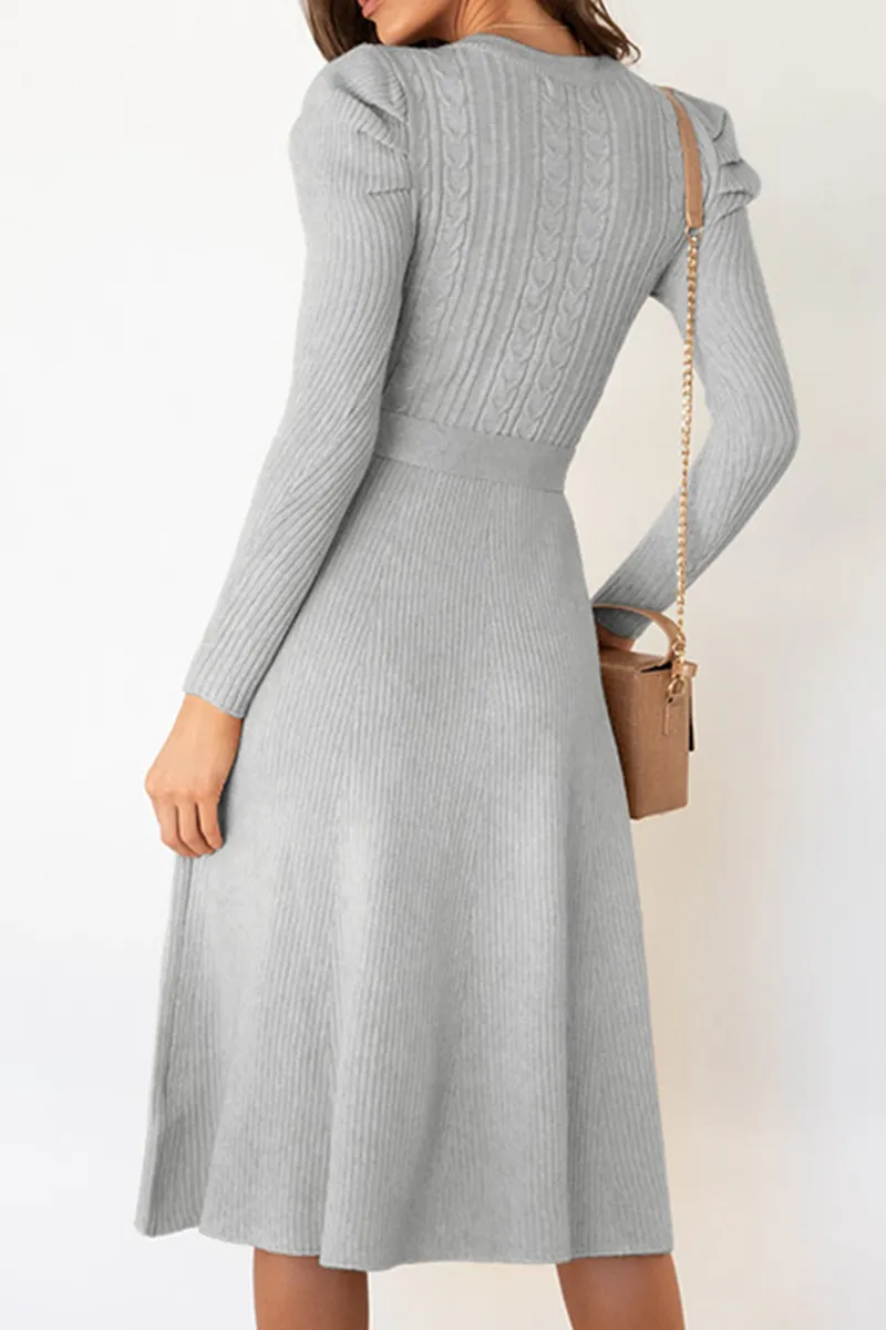 Elegant Solid With Belt O Neck Sweater Dresses(5 Colors)