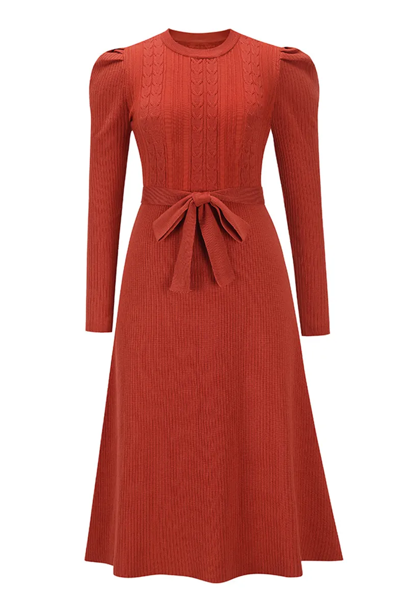 Elegant Solid With Belt O Neck Sweater Dresses(5 Colors)