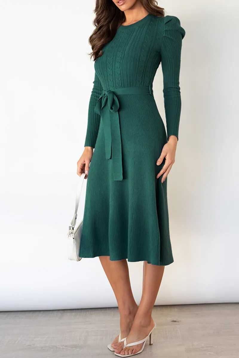 Elegant Solid With Belt O Neck Sweater Dresses(5 Colors)