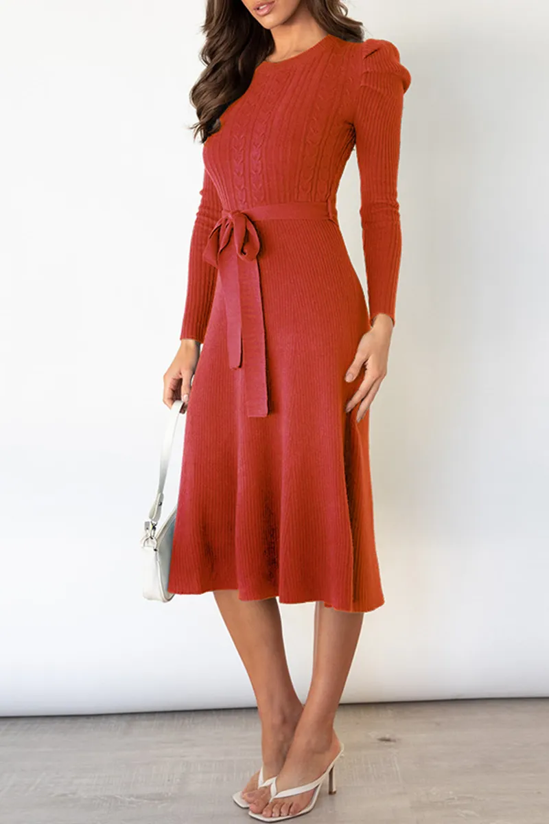 Elegant Solid With Belt O Neck Sweater Dresses(5 Colors)