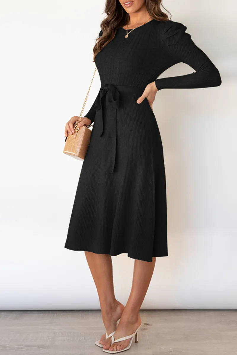 Elegant Solid With Belt O Neck Sweater Dresses(5 Colors)