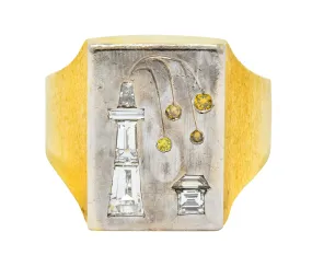 Fancy Colored Diamond Platinum 18 Karat Gold Unisex Oil Rig Signet Ring