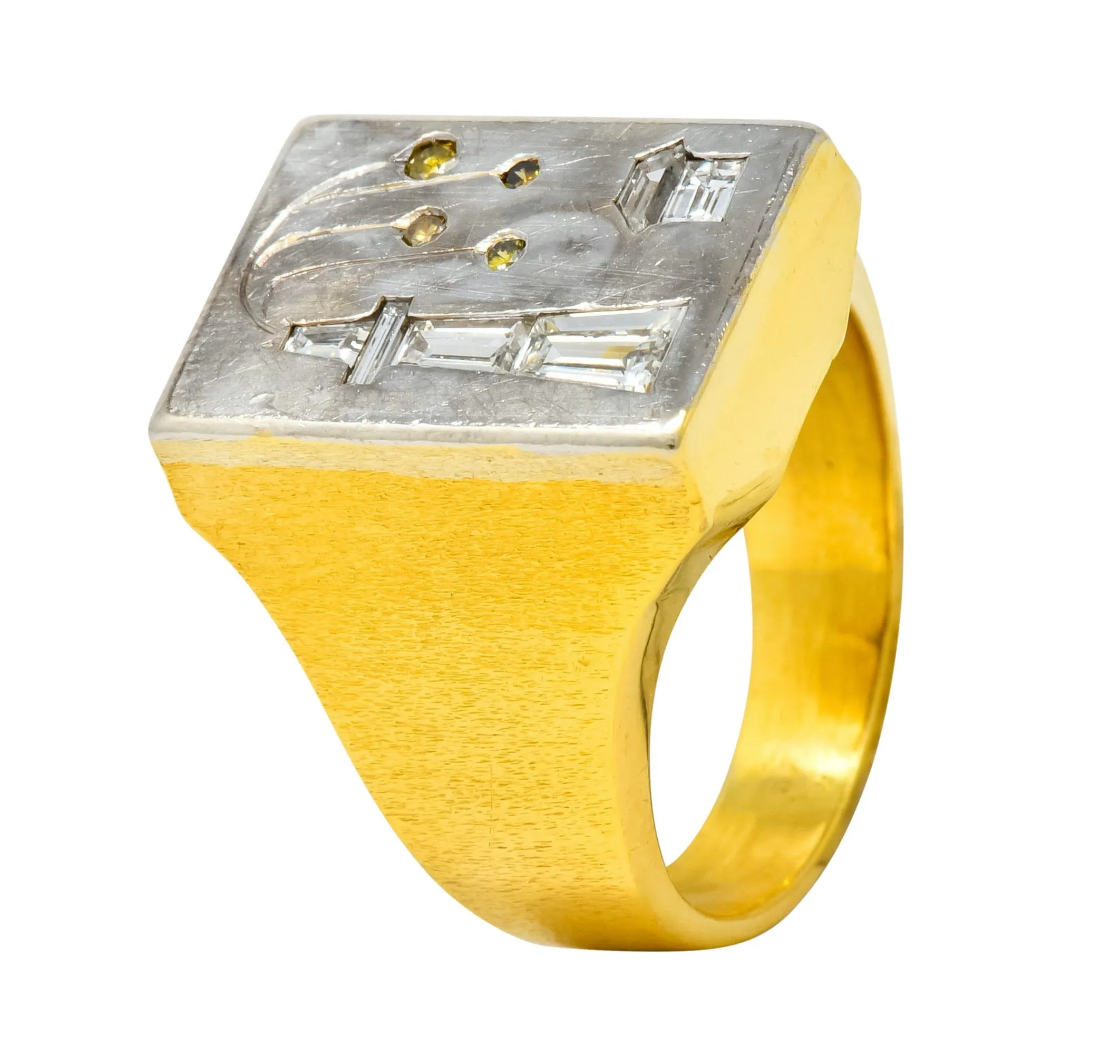 Fancy Colored Diamond Platinum 18 Karat Gold Unisex Oil Rig Signet Ring