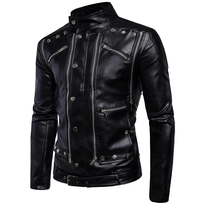 Fashion Motorcycle Biker Leather Jackets / Multi-zipper Black Jackets for Men