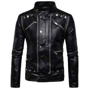 Fashion Motorcycle Biker Leather Jackets / Multi-zipper Black Jackets for Men