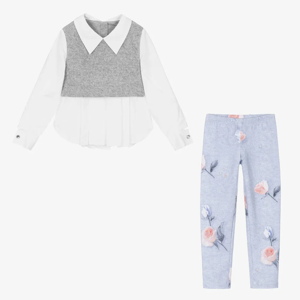 Girls Grey & Blue Leggings Set