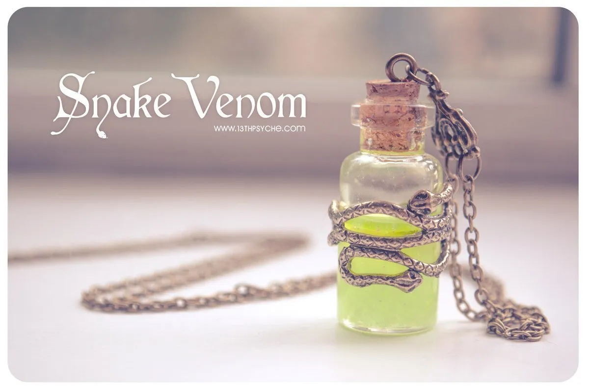 Glow in the dark, snake venom poison bottle pendant necklace