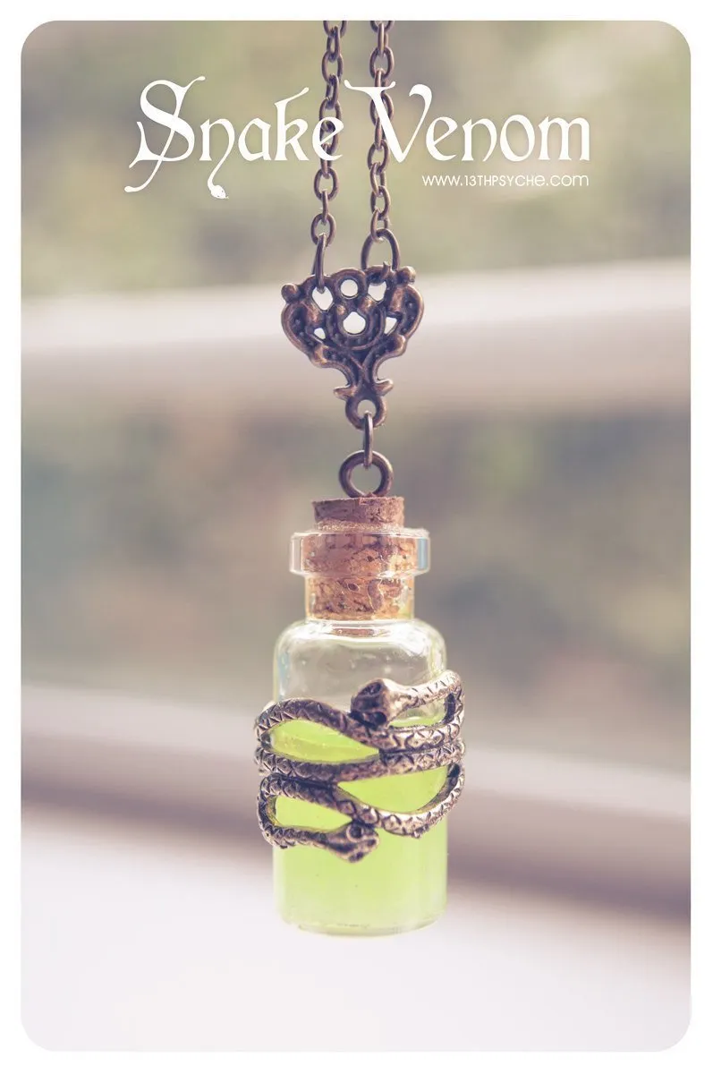 Glow in the dark, snake venom poison bottle pendant necklace