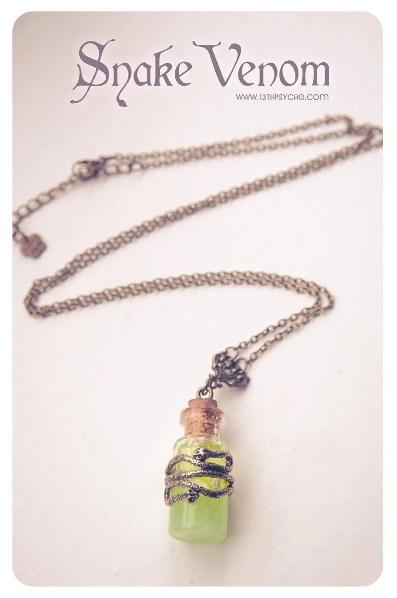 Glow in the dark, snake venom poison bottle pendant necklace