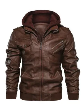 Men Leather Jackets Zipper PU Leather Windbreaker Brown Fashion Coats