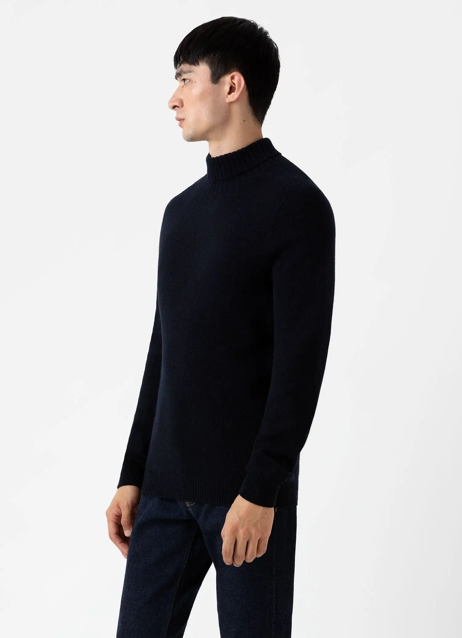 Men's Lambswool Roll Neck in Dark Navy Mouline