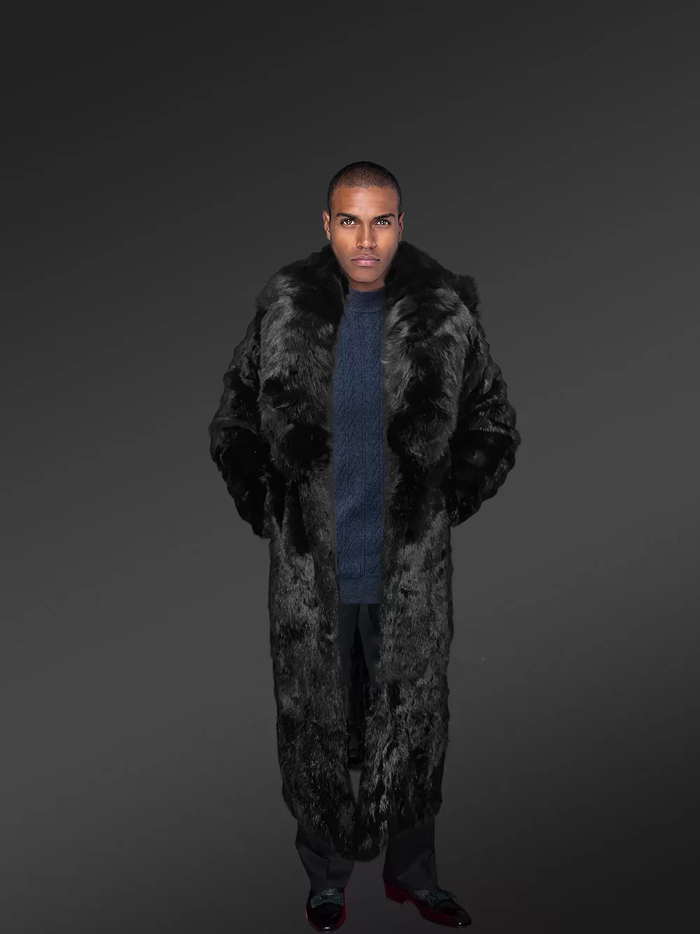 Men’s reddish chinchilla-look double collar original fur coats