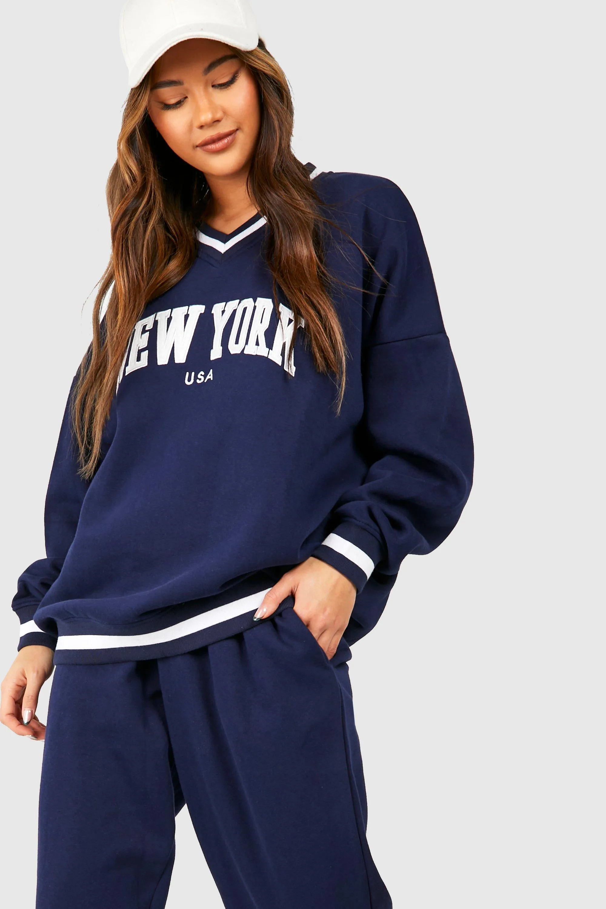 Tracksuits | New York Applique V Neck Sweatshirt Tracksuit | boohoo