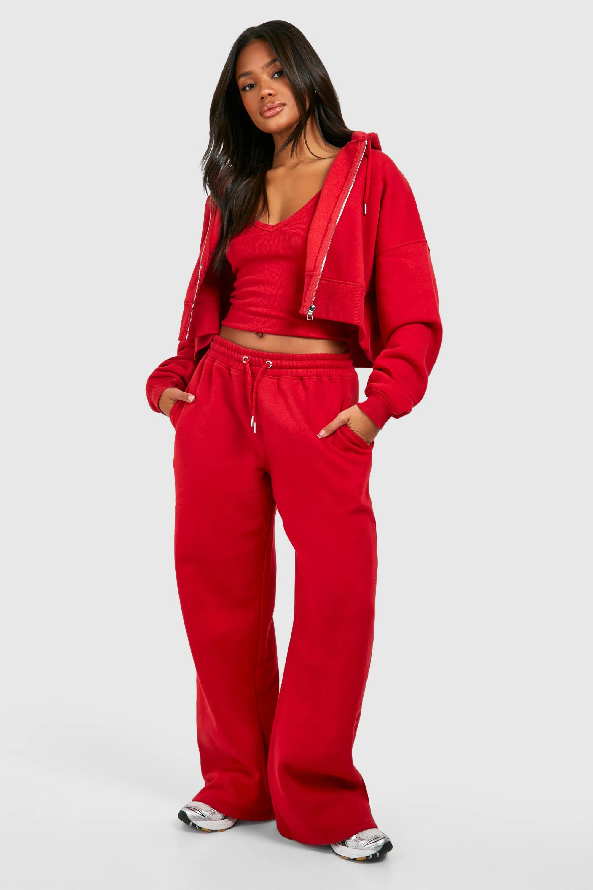 Tracksuits | Ribbed V Neck Top 3 Piece Hooded Tracksuit | boohoo