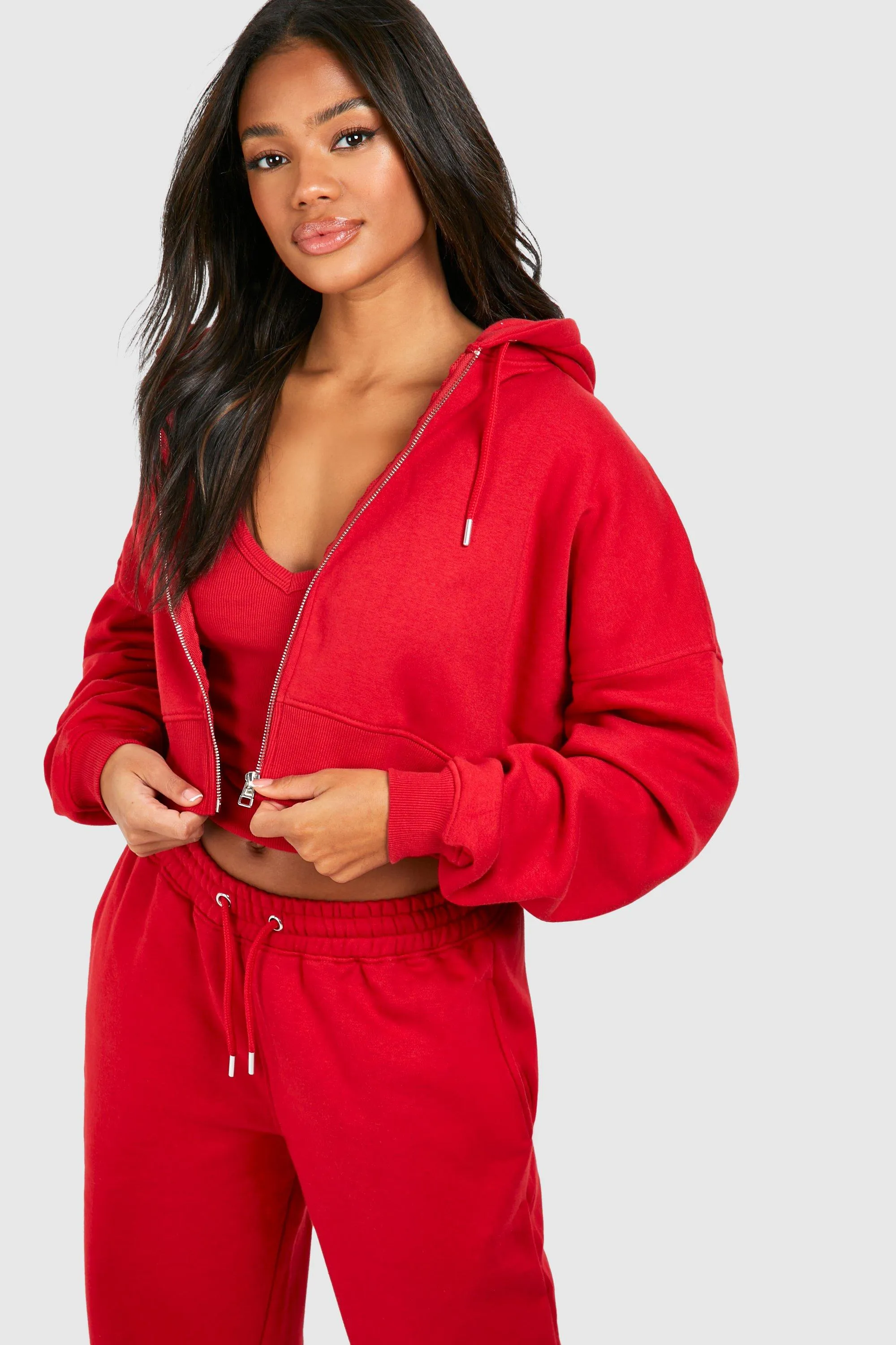 Tracksuits | Ribbed V Neck Top 3 Piece Hooded Tracksuit | boohoo