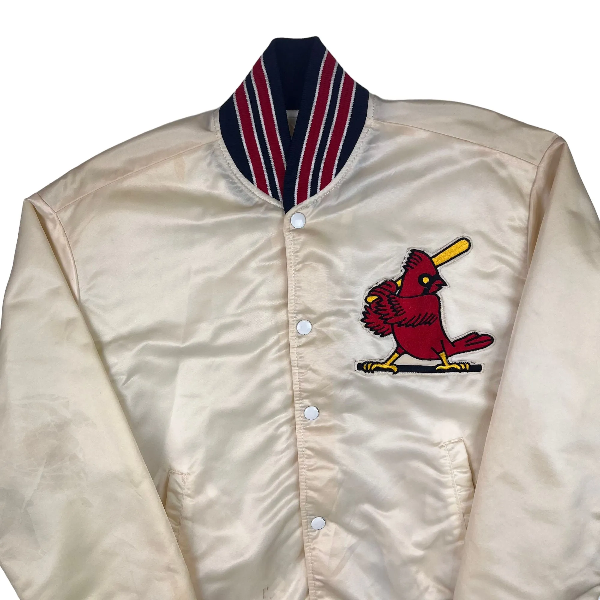 Vintage 80's MLB Cardinals Satin Varsity Pyramid Outerwear Jacket Cream Rare