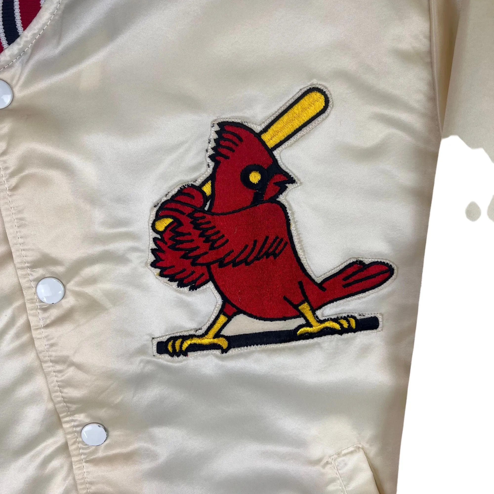 Vintage 80's MLB Cardinals Satin Varsity Pyramid Outerwear Jacket Cream Rare